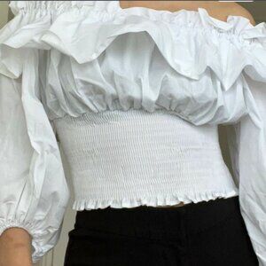 Zara Poplin Off the Shoulder Ruffle Top Size Large